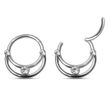 Surgical Steel Dual Stacked Clear Cubic Zircon Bezel Paved Connecting Hinged Nose Rings Hoop Wholesale